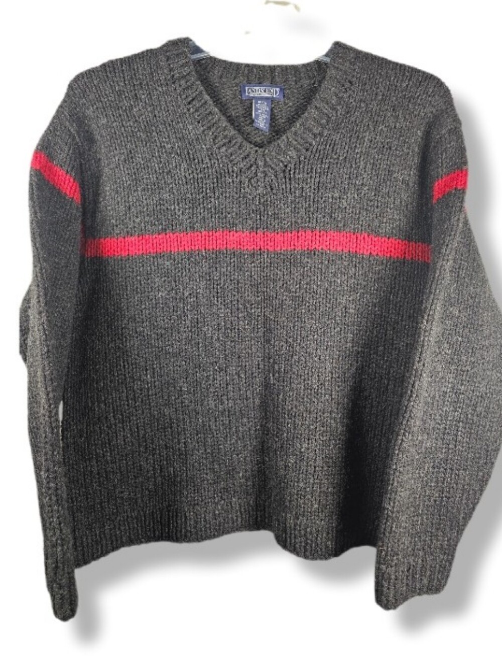 Vintage 90s Lands End Wool V Neck Sweater Mens M Charcoal Red Stripe Collegiate